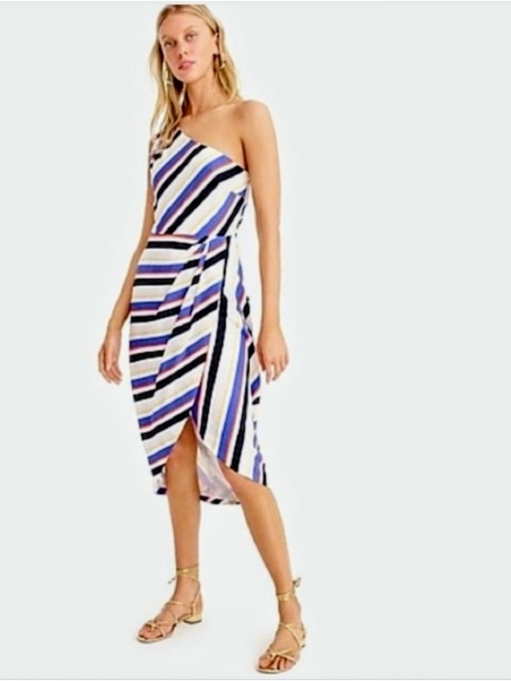 J Crew Sz 6 One-Shoulder Striped Midi Dress in White and Navy Blue